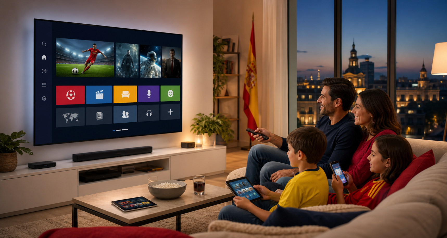 Panel de IPTV España en Smart TV con canales, películas y deportes en IPTV Iberia X